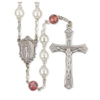 White Pearl Bead Rosary with Floral Our Father Beads White Pearl Bead Rosary with Floral Our Father Beads