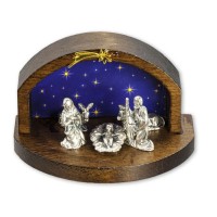 2 1/4" Wood Nativity with Metal Figurines Gold Star and Blue Starry Night Backdrop