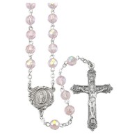 6mm Rose Crystal Aurora Borealis Bead Rosary with a Deluxe Center and Crucifix in Grey Velvet Box