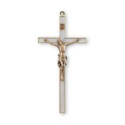 7" Pearlized White Cross with Gold Trim and Gold Finish Corpus