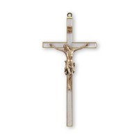 7" Pearlized White Cross with Gold Trim and Gold Finish Corpus