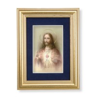 5 1/4" x 6 3/4" Gold Leaf Frame-Navy Blue Matte with a 2 1/2" x 3 3/4" Sacred Heart of Jesus Print