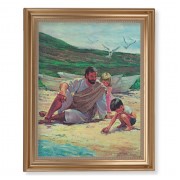 13 1/2" x 16 9/16" Gold Leaf Antique Finished Frame with 11" x 14" Hook: Jesus on Beach with Children Textured Art