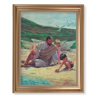 13 1/2" x 16 9/16" Gold Leaf Antique Finished Frame with 11" x 14" Hook: Jesus on Beach with Children Textured Art