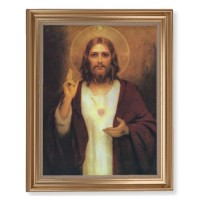 13 1/2" x 16 9/16" Gold Leaf Antique Finished Frame with 11" x 14" Chambers: Sacred Heart of Jesus Textured Art