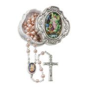 4mm Pink Pearlized Bead Rosary with Picture Center and Fancy Crucifix in Metal Keepsake Box