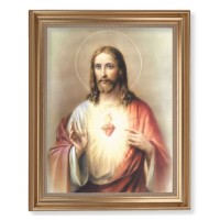 13 1/2" x 16 9/16" Gold Leaf Antique Finished Frame with 11" x 14" Sacred Heart of Jesus Textured Art
