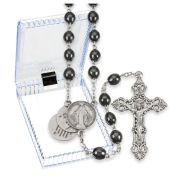 Black Wood Bead Rosary with Mystery Center in a Hinged Plastic Box