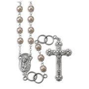 7mm White Pearl Glass Bead Silver Wedding Ring Rosary in a Grey Velvet Box