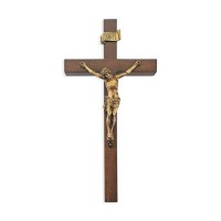 10" Walnut Wood Cross with Museum Gold Finish Corpus