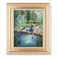 10 1/4" x 12 1/4" Satin Gold Frame with an 8" x 10" Guardian Angel with Boy Print