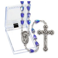 Blue Crystal Capped Bead Rosary in a Clear Hinged Box