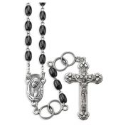 5 x 7mm Black Glass Oval Bead Silver Wedding Ring Rosary in a Grey Velvet Box