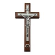 10" Walnut Wood and Pearlized Cross with a Fine Pewter Corpus and Wedding Rings