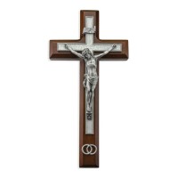 10" Walnut Wood and Pearlized Cross with a Fine Pewter Corpus and Wedding Rings