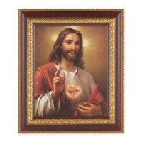 11 1/2" x 13 1/2" Cherry Frame with Gold Trim with an 8" x 10" The Sacred Heart Print