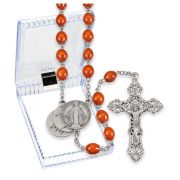 Brown Wood Bead Rosary with Mystery Center in a Hinged Plastic Box