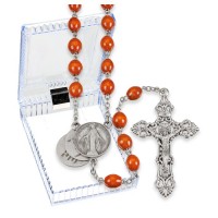 Brown Wood Bead Rosary with Mystery Center in a Hinged Plastic Box