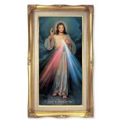 14" x 24" Gold Leaf Wood Frame with Linen Border and a 10" x 20" Divine Mercy Print