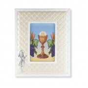8" x 10" Standing Communion Girl Figure with White Synthetic Leather Picture Frame for 4" x 6" Photos