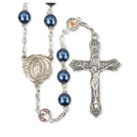 Blue Pearl Bead Rosary with Floral Our Father Beads Blue Pearl Bead Rosary with Floral Our Father Beads