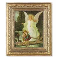 12 1/2" x 14 1/2" Ornate Gold Leaf Antique Frame with 8" x 10" Guardian Angel Print