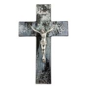 10" Black and Silver Shimmering Glass Cross with Fine Pewter Corpus