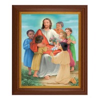 10 1/2" x 12 1/2" Walnut Finish Beveled Frame with 8" x 10" Christ with Children Textured Art