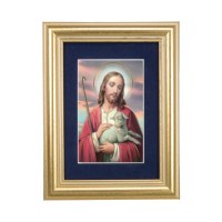 5 1/4" x 6 3/4" Gold Leaf Frame-Navy Blue Matte with a 2 1/2" x 3 3/4" Good Shepherd Print