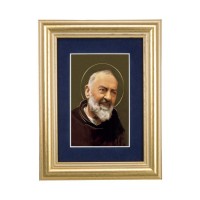 5 1/4" x 6 3/4" Gold Leaf Frame-Navy Blue Matte with a 2 1/2" x 3 3/4" Saint Pio Print