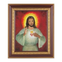 11 1/2" x 13 1/2" Cherry Frame with Gold Trim with an 8" x 10" The Sacred Heart Print
