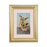 5 1/4" x 6 3/4" Gold Leaf Frame-Cream Matte with a 2 1/2" x 3 3/4" Saint Michael Print