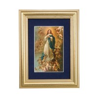 5 1/4" x 6 3/4" Gold Leaf Frame-Navy Blue Matte with a 2 1/2" x 3 3/4" Immaculate Conception Print