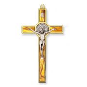 7" Saint Benedict Gold and Silver Finish Crucifix with Wood Inlay