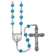 6mm Aqua Crystal Aurora Borealis Rosary with a Deluxe Center and Crucifix in Grey Velvet Box