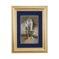 5 1/4" x 6 3/4" Gold Leaf Frame-Navy Blue Matte with a 2 1/2" x 3 3/4" Our Lady of Lourdes Print