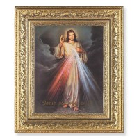 12 1/2" x 14 1/2" Ornate Gold Leaf Antique Frame with 8" x 10" Gold Spanish Divine Mercy Print