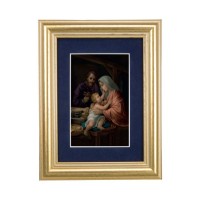 5 1/4" x 6 3/4" Gold Leaf Frame-Navy Blue Matte with a 2 1/2" x 3 3/4" Holy Family Print 5 1/4" x 6 3/4" Gold Leaf Frame-Navy Blue Matte with a 2 1/2" x 3 3/4" Holy Family Print
