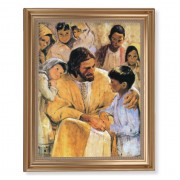 13 1/2" x 16 9/16" Gold Leaf Antique Finished Frame with 11" x 14" Hook: Christ with Children Textured Art
