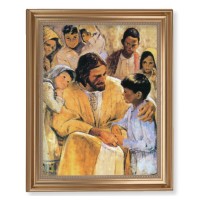 13 1/2" x 16 9/16" Gold Leaf Antique Finished Frame with 11" x 14" Hook: Christ with Children Textured Art