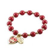 Red Glass Bead Stretch Bracelet with Epoxied Heart with Holy Spirit Gold Finish Charms