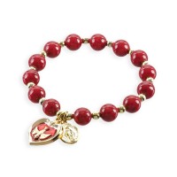 Red Glass Bead Stretch Bracelet with Epoxied Heart with Holy Spirit Gold Finish Charms