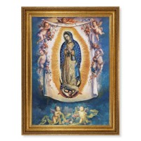 23.5" x 31" Antique Gold Leaf Beveled Frame, Roping Detail with 19" x 27" Our Lady of Guadalupe with Angels Textured Art