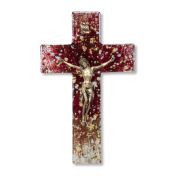 7" Gold and Silver Speckled Red Tone Glass Cross with Museum Gold Tone Corpus