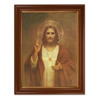 15 1/2" x 19 1/2" Walnut Finish Frame with Gold Accent and a 12" x 16" Chambers: Sacred Heart of Jesus Textured Art