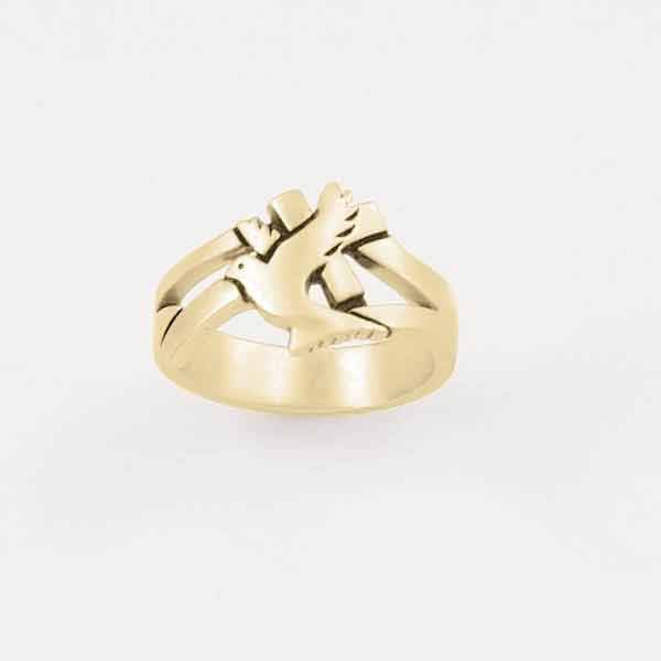 Jewelry : 14 Karat Gold Men's Cross Ring - w/Landing Dove